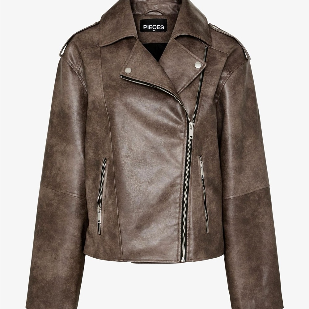 PIECES Faux-Leather Moto Jacket Faded Brown - Chicory Root - Picture 4 of 4